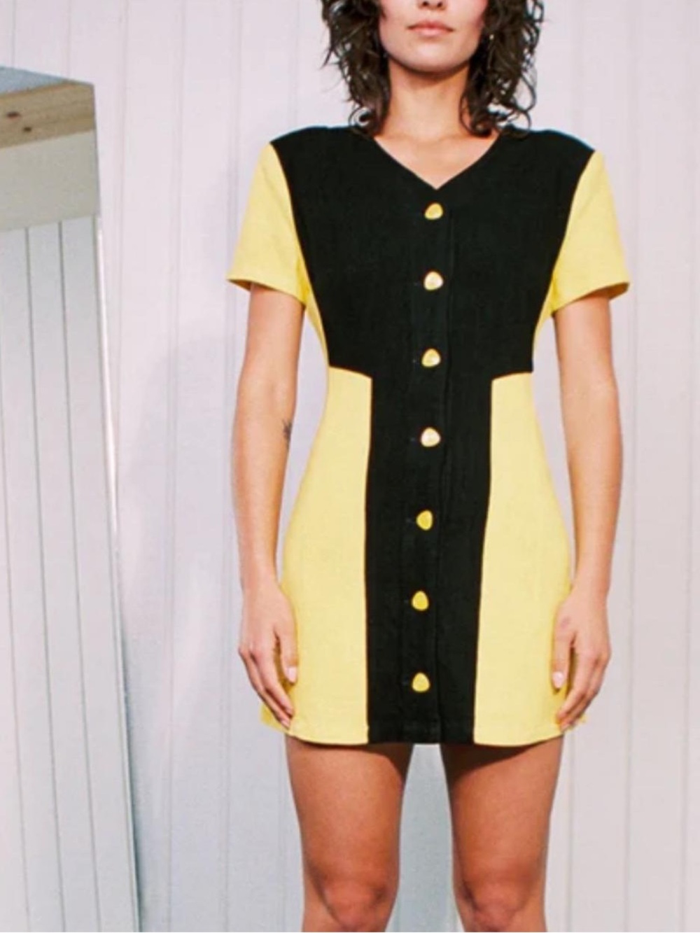Fashion Brand Company Taxi Dress Black Yellow Button Front 80s Retro Funky XL